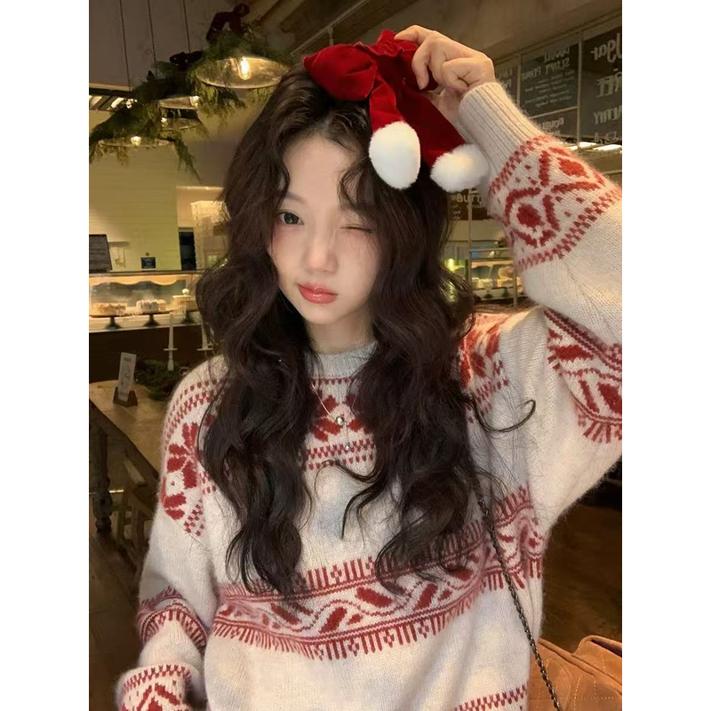 新年冬季2025新款爆款女士加厚圣诞毛衣女秋冬宽松内搭针织打底衫