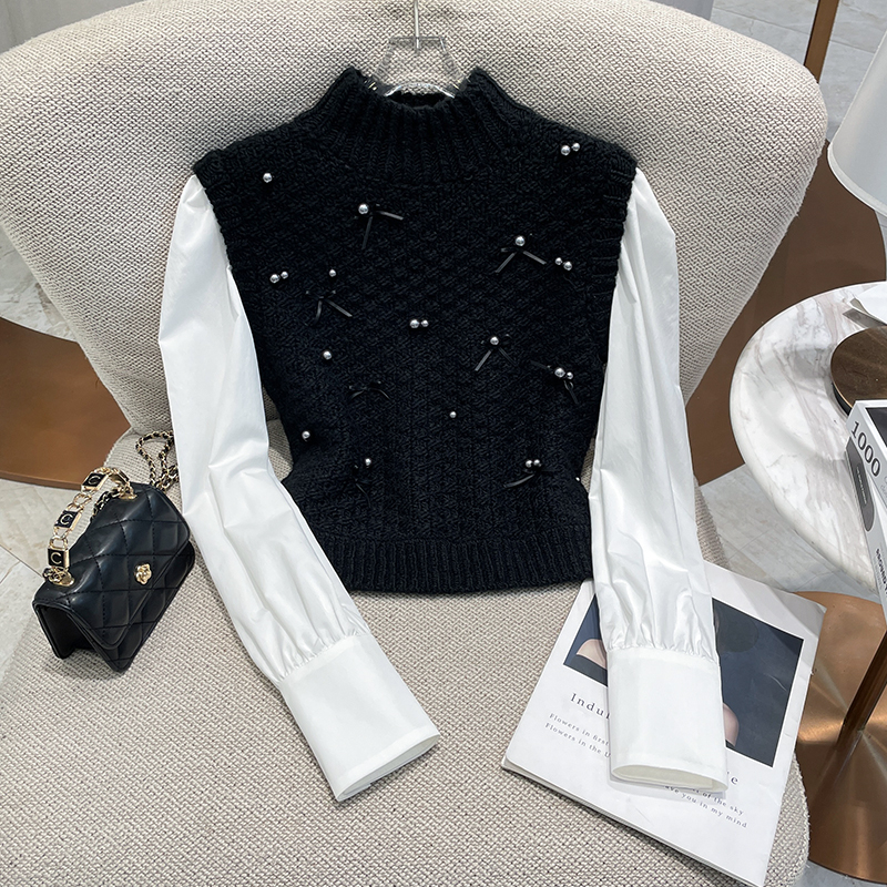 别致设计感毛针织衫女2024冬季新款撞色长袖钉珠假两件千金风上衣