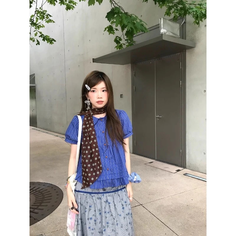 郭大喜-卡布里蓝 韩系复古显白条纹泡泡袖宽松衬衫小衫上衣女