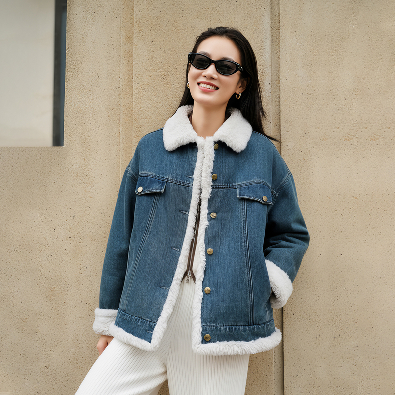 EP雅莹2025秋冬新款女装 毛领拼接加厚牛仔外套棉衣棉服JM01A