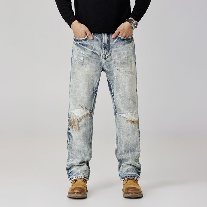 新款美式痞帅设计感男士牛仔长裤秋季高街百搭潮牌水洗破洞裤171