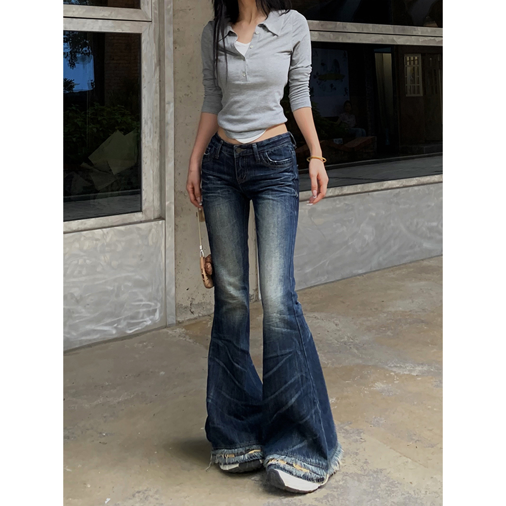 秋季辣妹低腰毛边微喇牛仔裤女美式复古直筒宽松不贴腿喇叭裤子潮