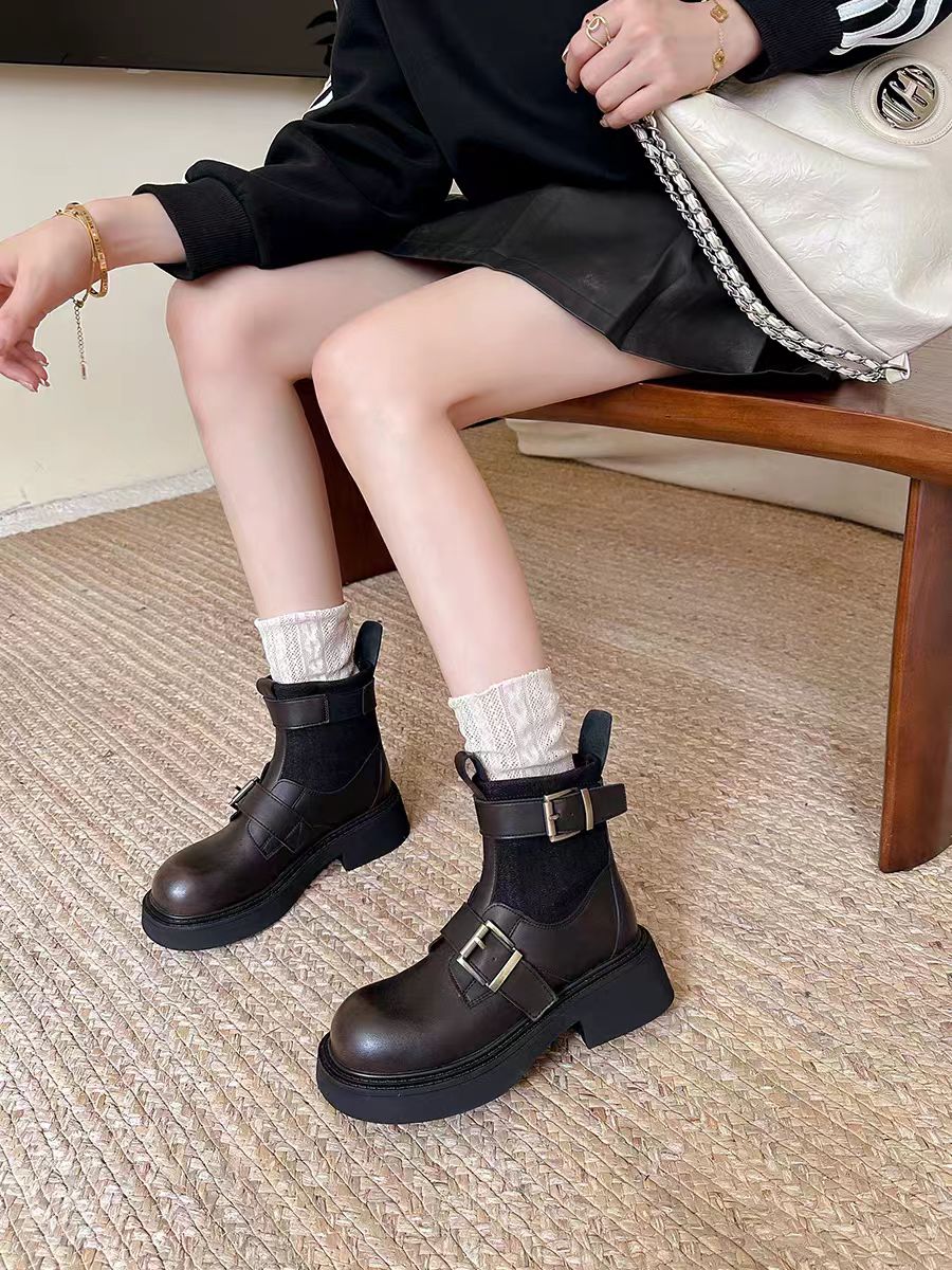 W7568-21厚底马丁靴女新款英伦风弹力瘦瘦靴袜靴西部短靴四季款