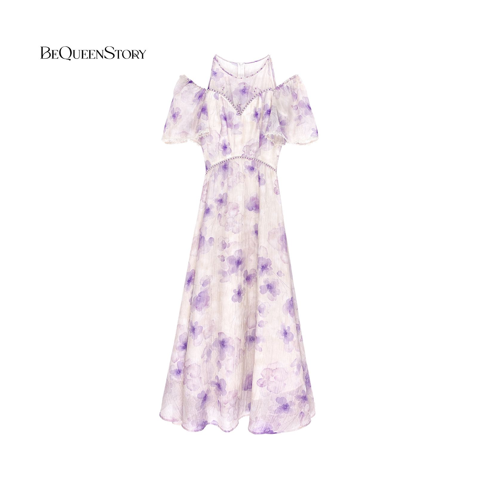 BeQueenStory【墨染紫韵】法式复古轻奢长款连衣裙碎花A字裙新款