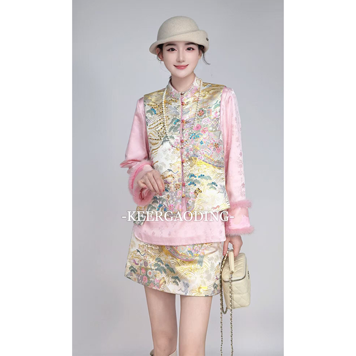 【可儿•高定】非遗西阵织高端新中式国风设计师款马甲WK-8037粉