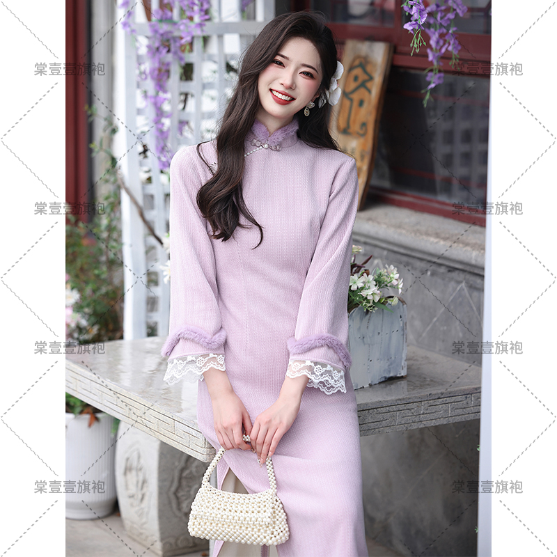 紫色旗袍新中式冬款加绒加厚女款冬季改良式年轻版微胖女生中国风
