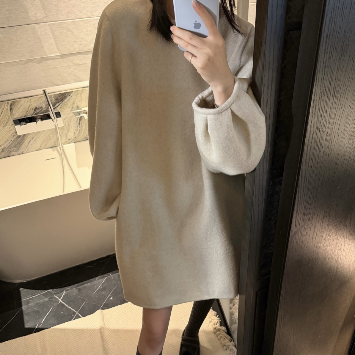 韩系小众高级感通勤气质设计套头灯笼袖绵羊毛双面大衣外套