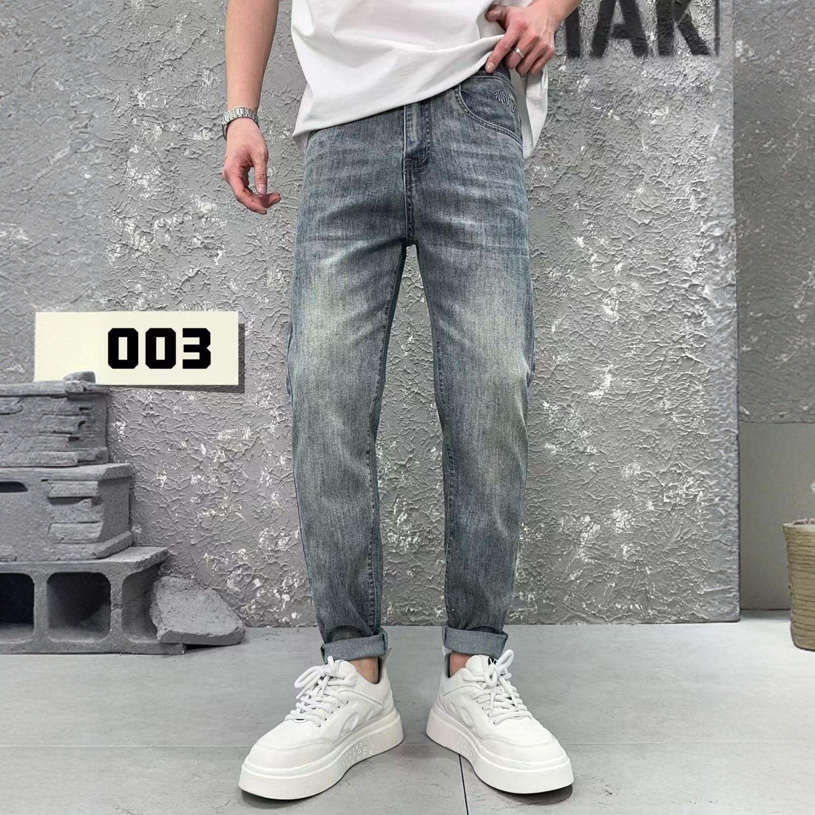 夏季新款欧版小直筒男士牛仔裤大牛面料怀旧轻复古时尚百搭九分裤