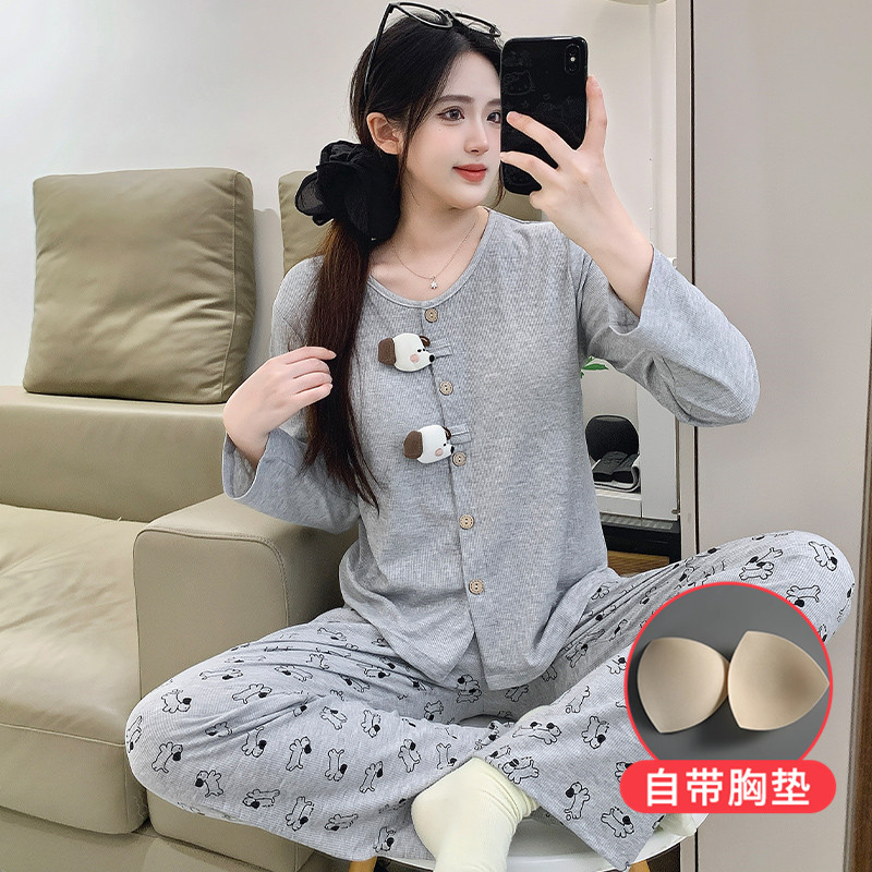 带胸垫少女睡衣2025新款秋季长袖学生卡通透气圆领家居服套装