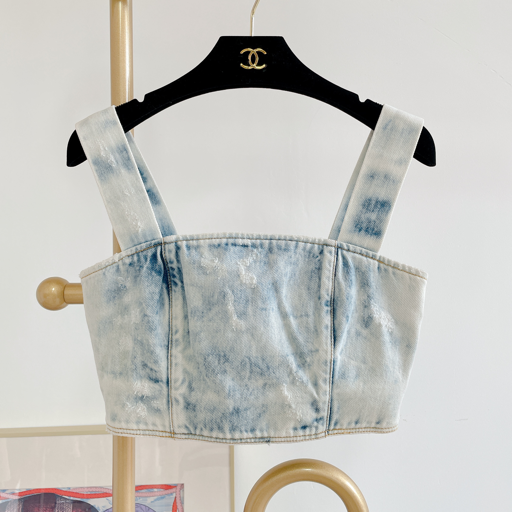 95新 BALMAIN/巴尔曼 牛仔吊带上衣/1000450177002