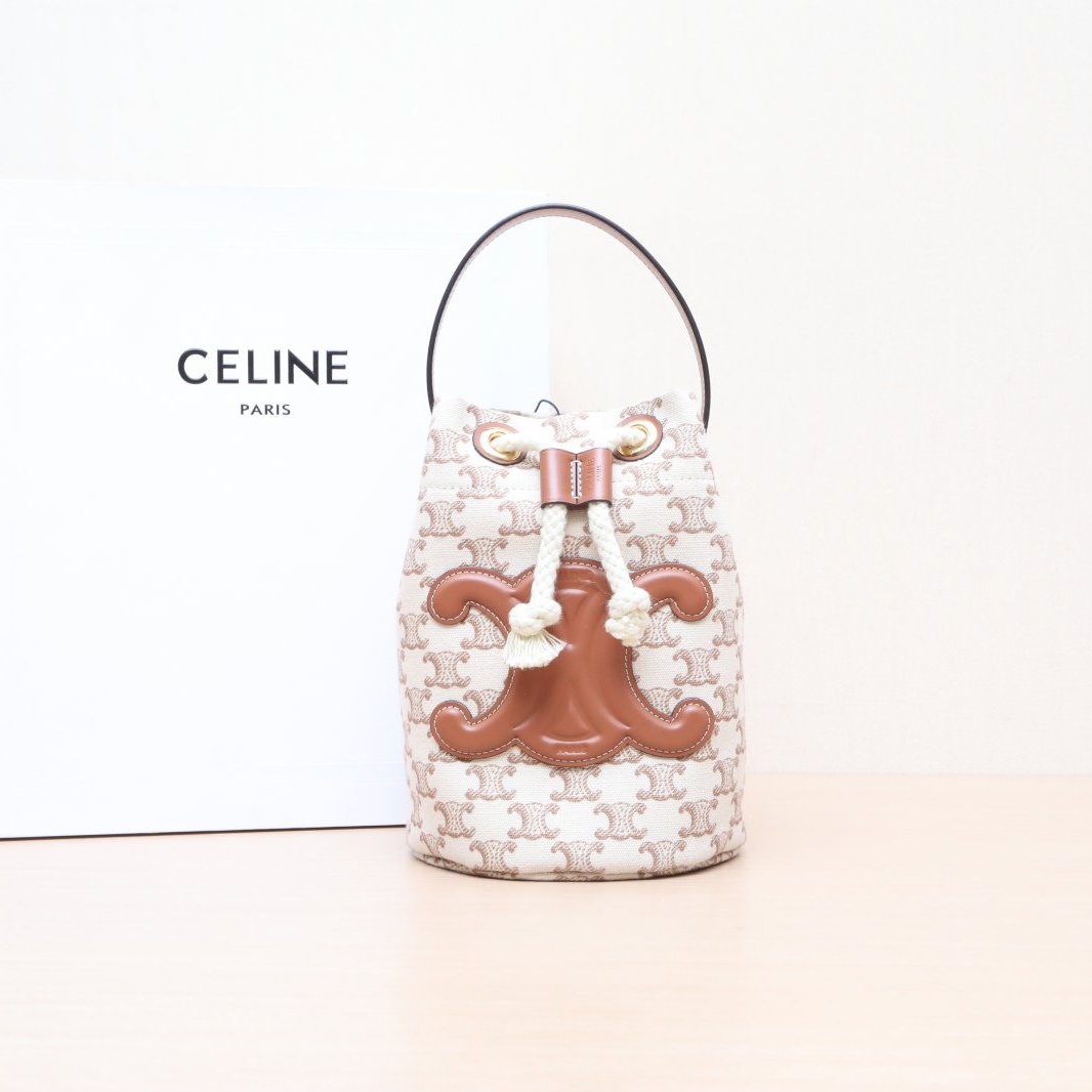95新 Celine/思琳 活动黑黑335324 棕色 帆布手提水桶包
