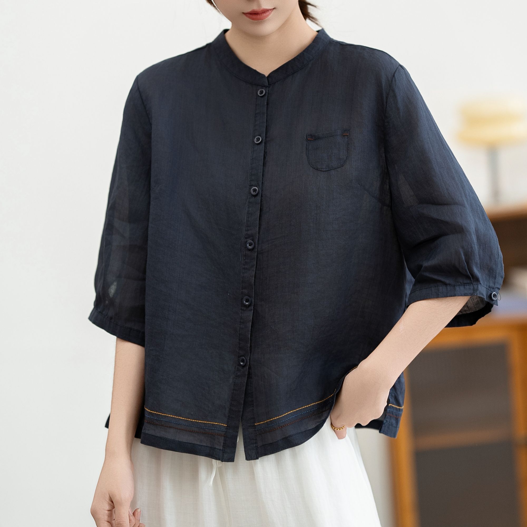 春夏新款小立领苎麻小衫-725