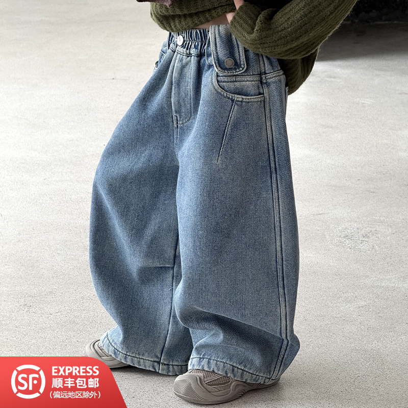 253662儿童冬季韩版洋气潮流百搭加绒牛仔宽松休闲长裤