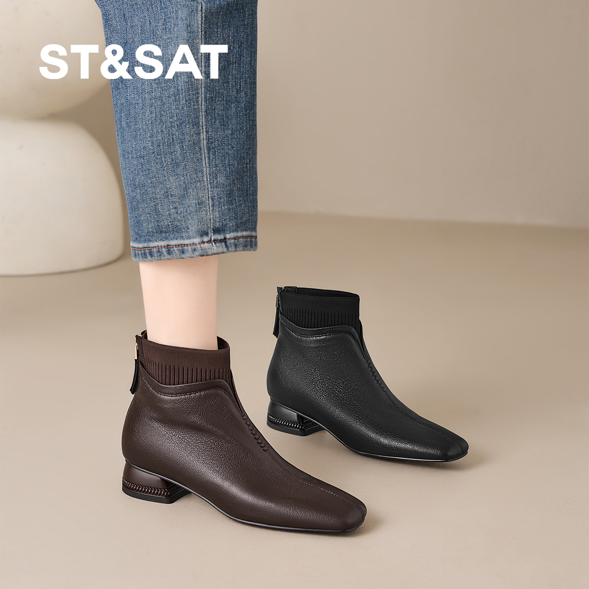 星期六女鞋羊皮低跟短靴方头加绒时尚百搭时装靴瘦瘦靴粗跟女靴