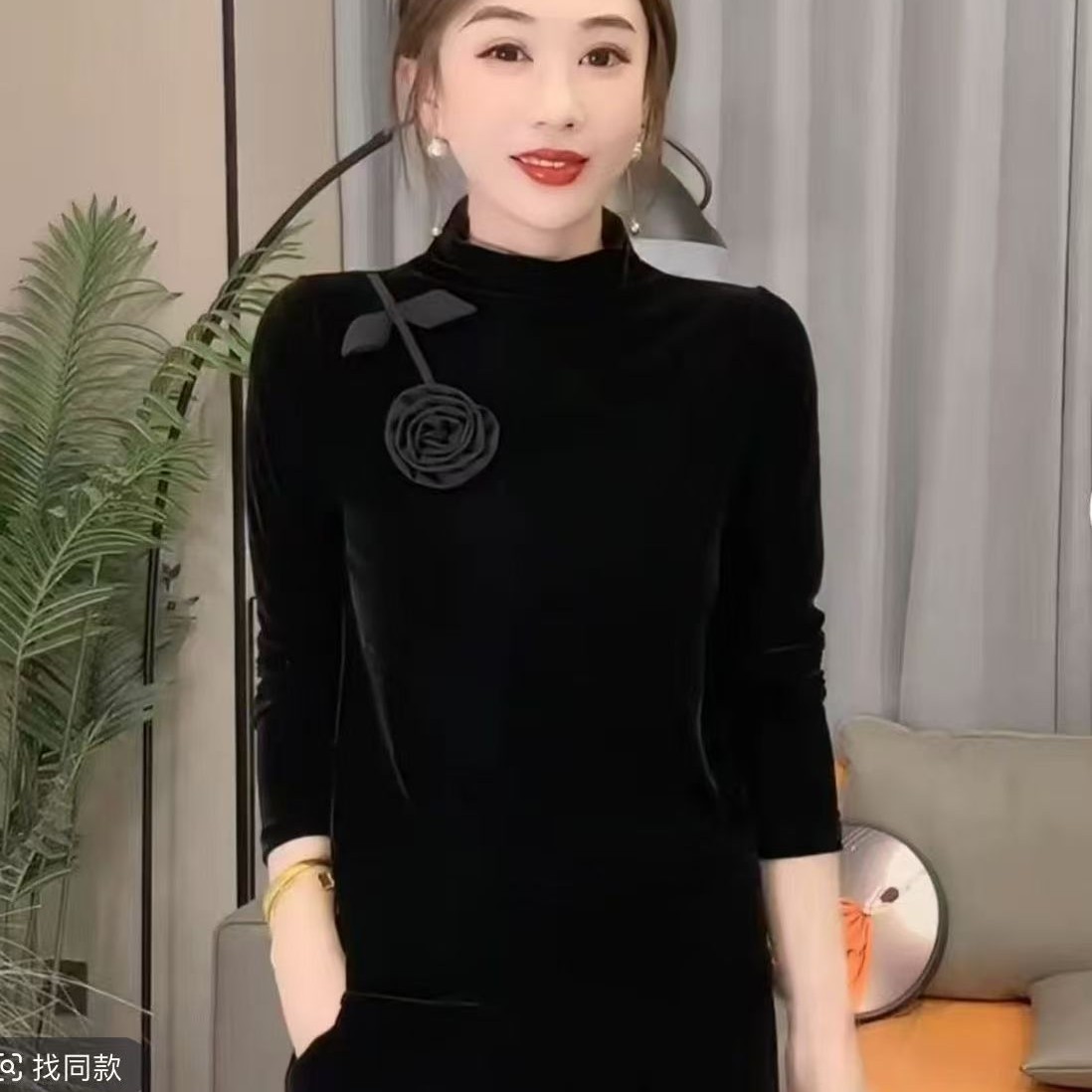 2025新款百搭显瘦洋气玫瑰花朵丝绒气质时尚女装上衣0809