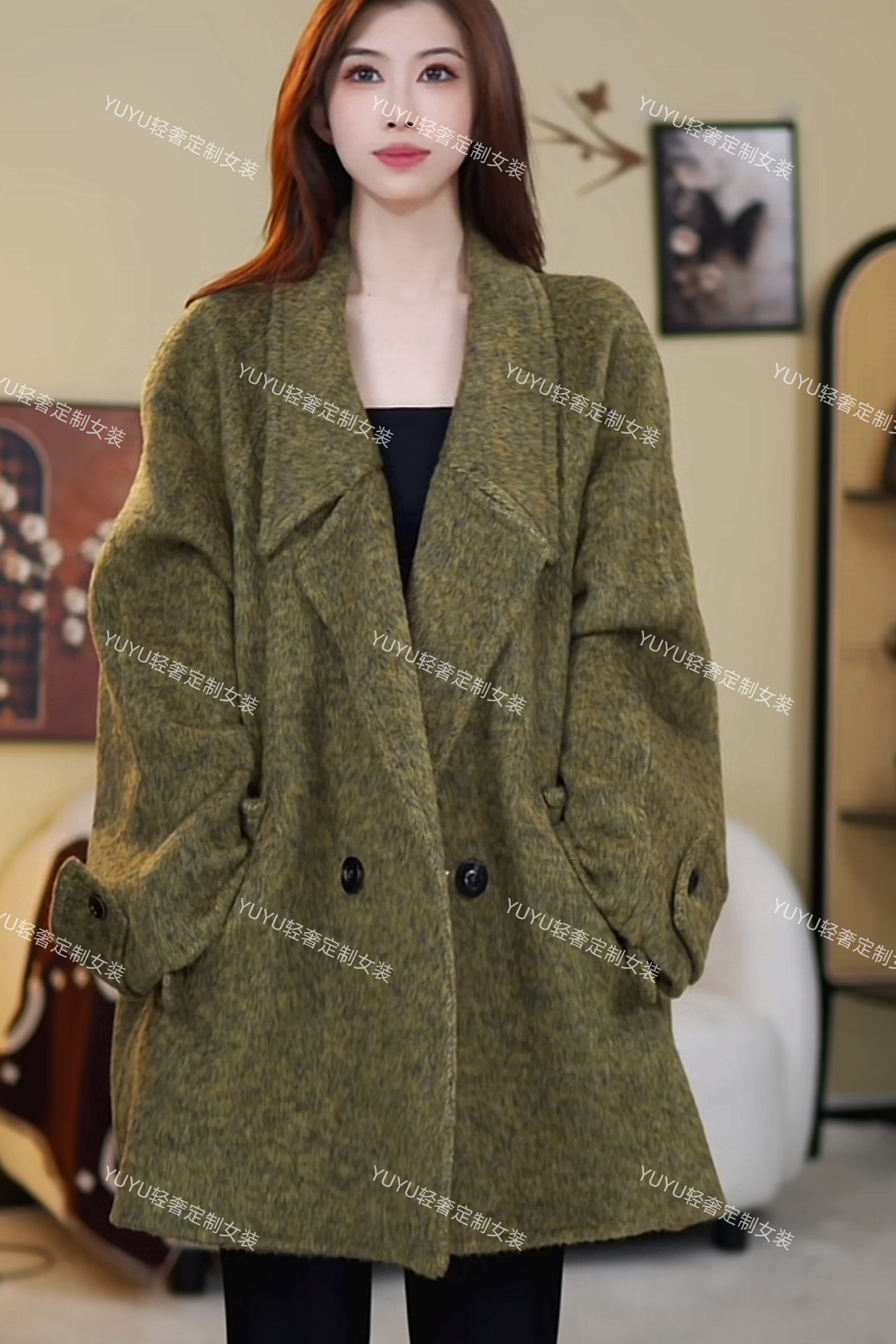 25277-高定款欧版茧型宽松气质廓型轻奢大衣短款中长新款轻奢