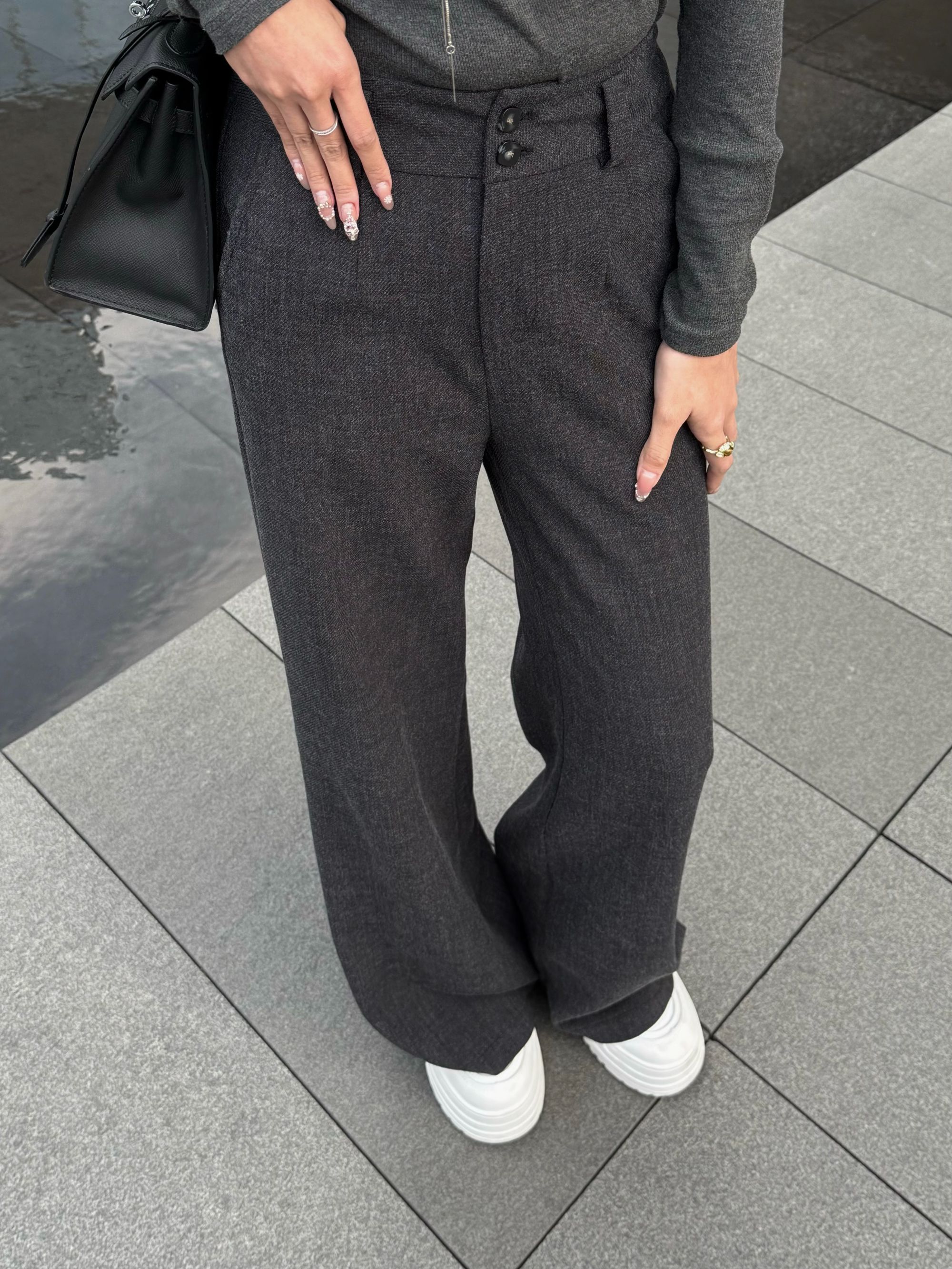 春款2025春季款极简两粒扣折边直筒长裤女