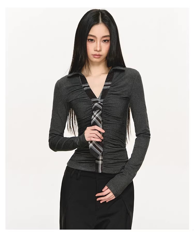 anna aneae假两件打底衫上衣女秋冬季褶皱独特设计感正肩长袖t恤