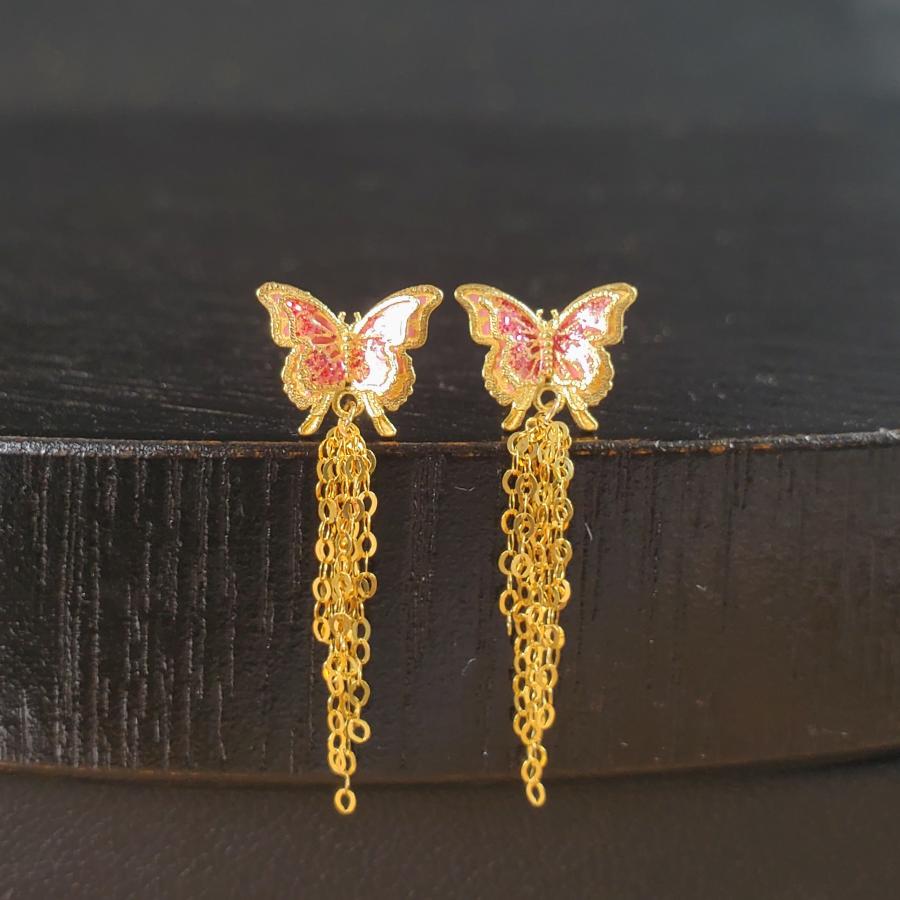 18K金烧蓝蝴蝶流苏耳钉耳环 G3868