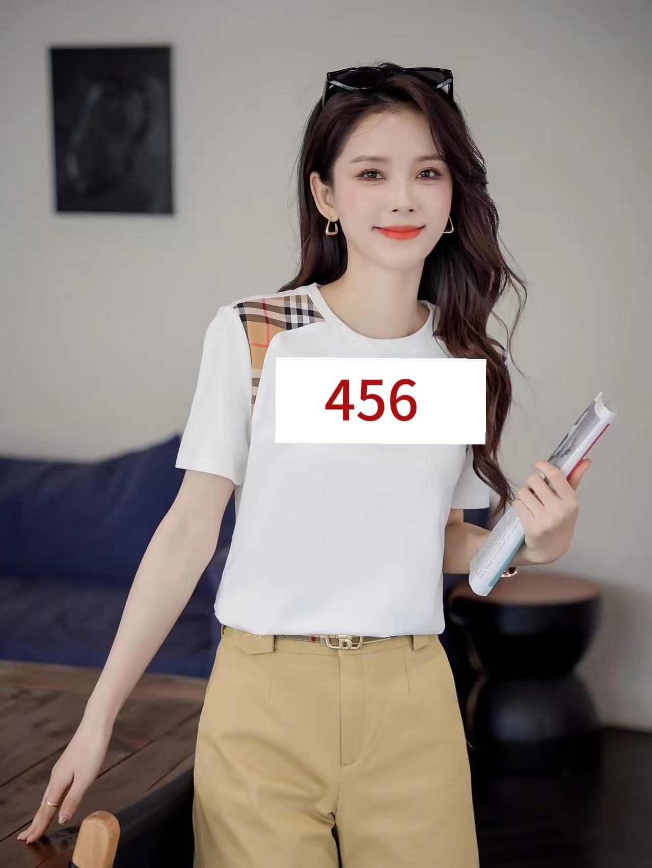 456-夏季新款拼接格子短袖