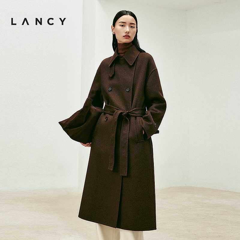 【纯羊毛】LANCY/朗姿2025冬季新款复古双排扣翻领显瘦