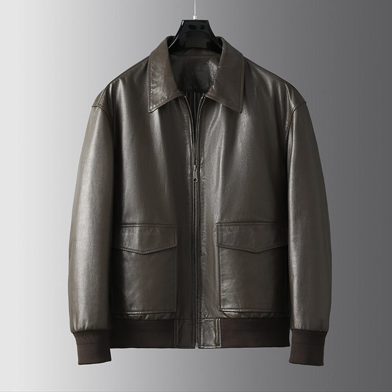 25春秋中古纸感苔藓棕经典飞行牛皮夹克皮衣