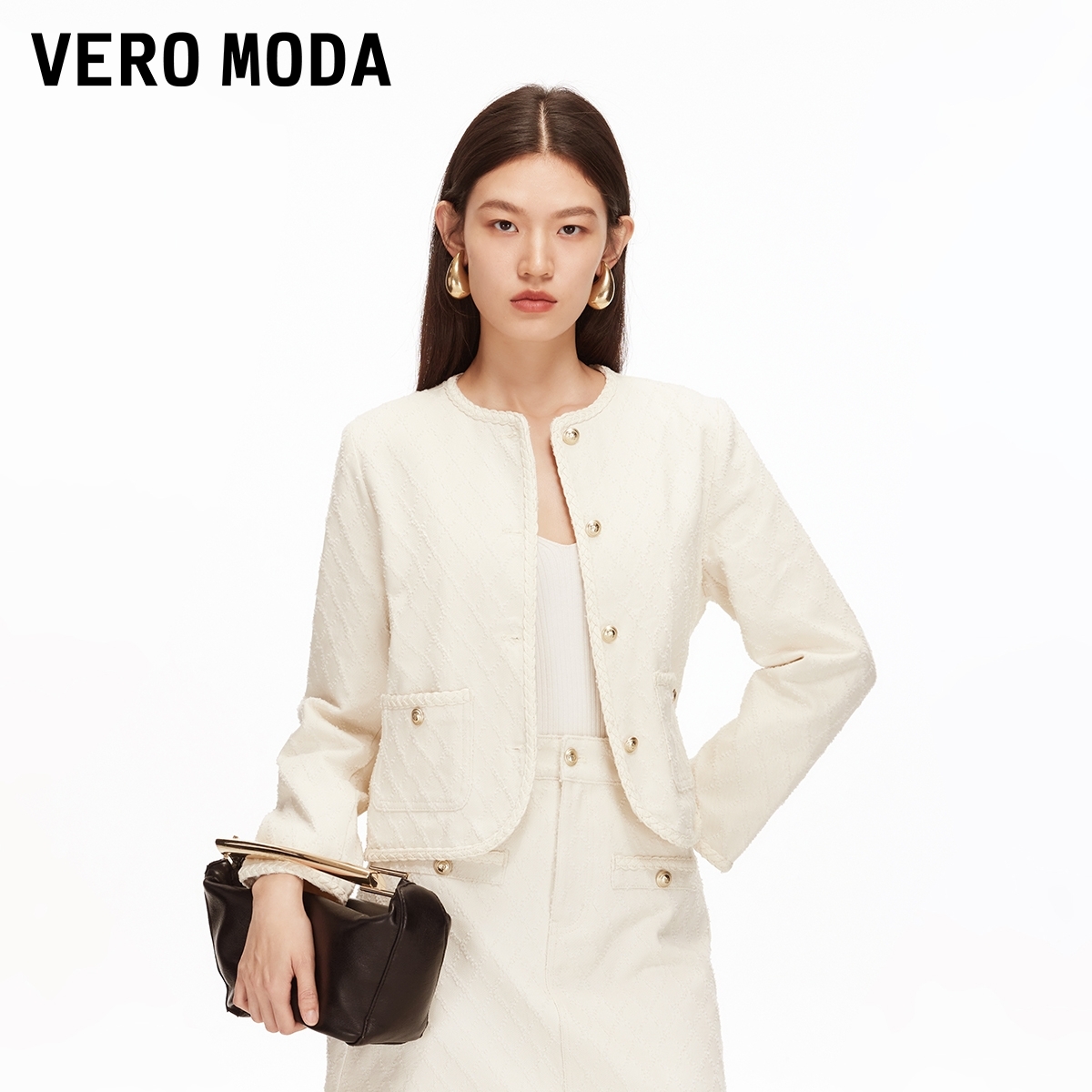 Vero Moda外套2025秋季新纯棉金属色纽扣编织锁边上衣松弛感百搭