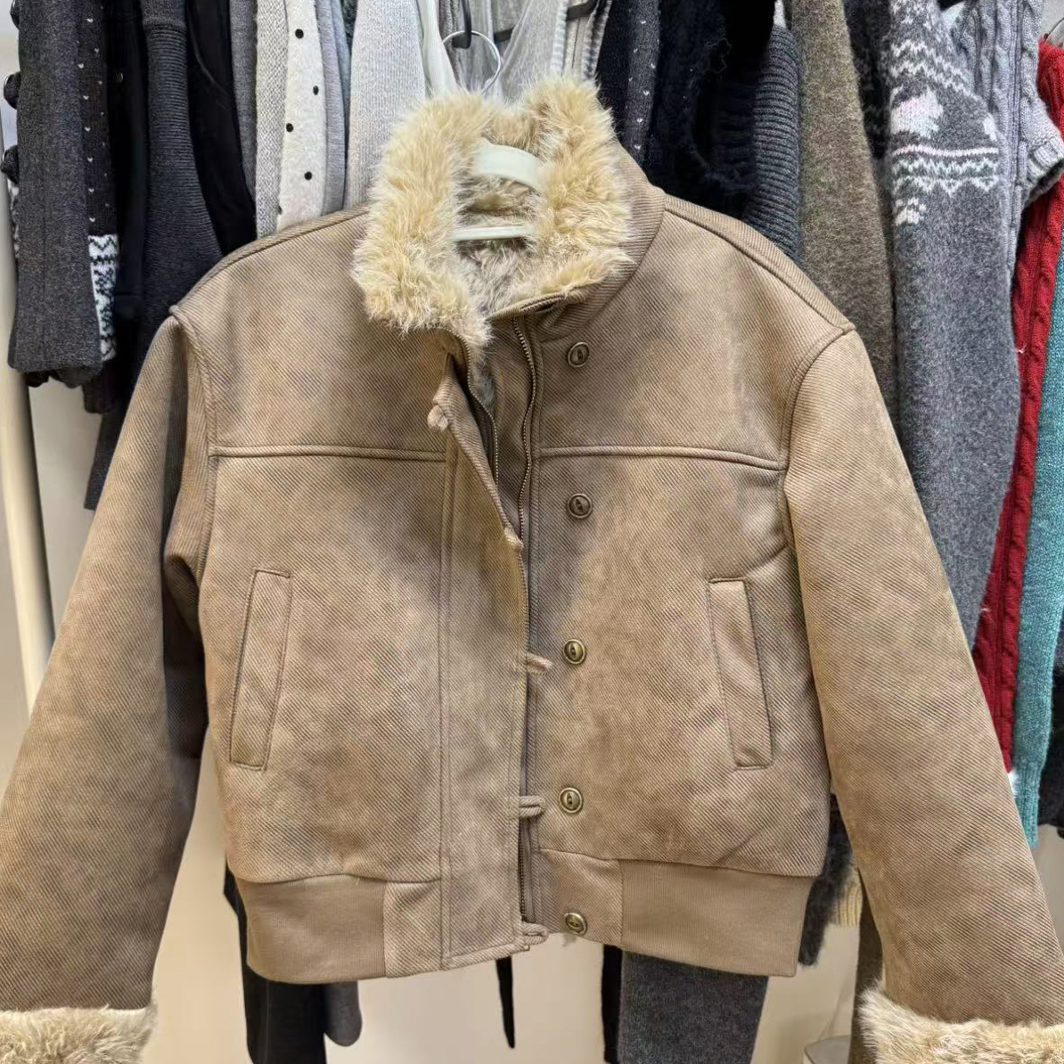 美式翻领短外套女冬季皮毛一体夹克