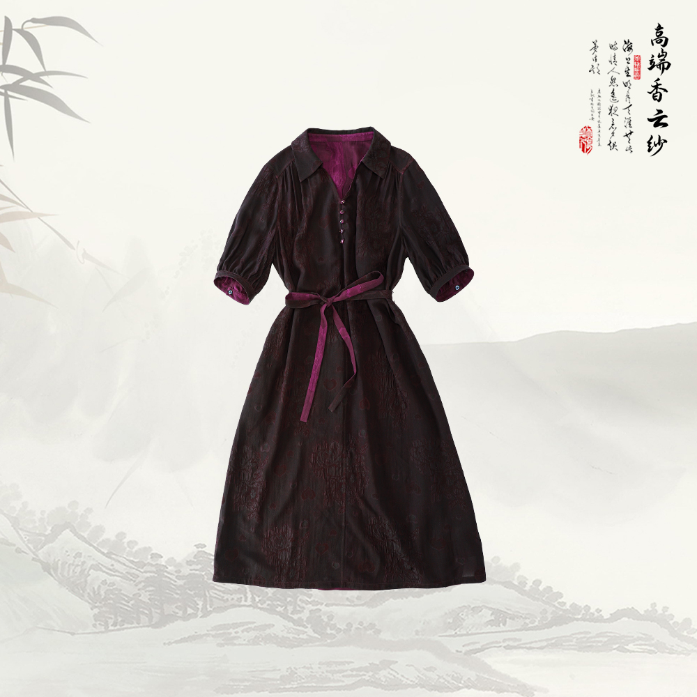 品牌新款复古提花气质通勤翻领中袖连衣裙526269