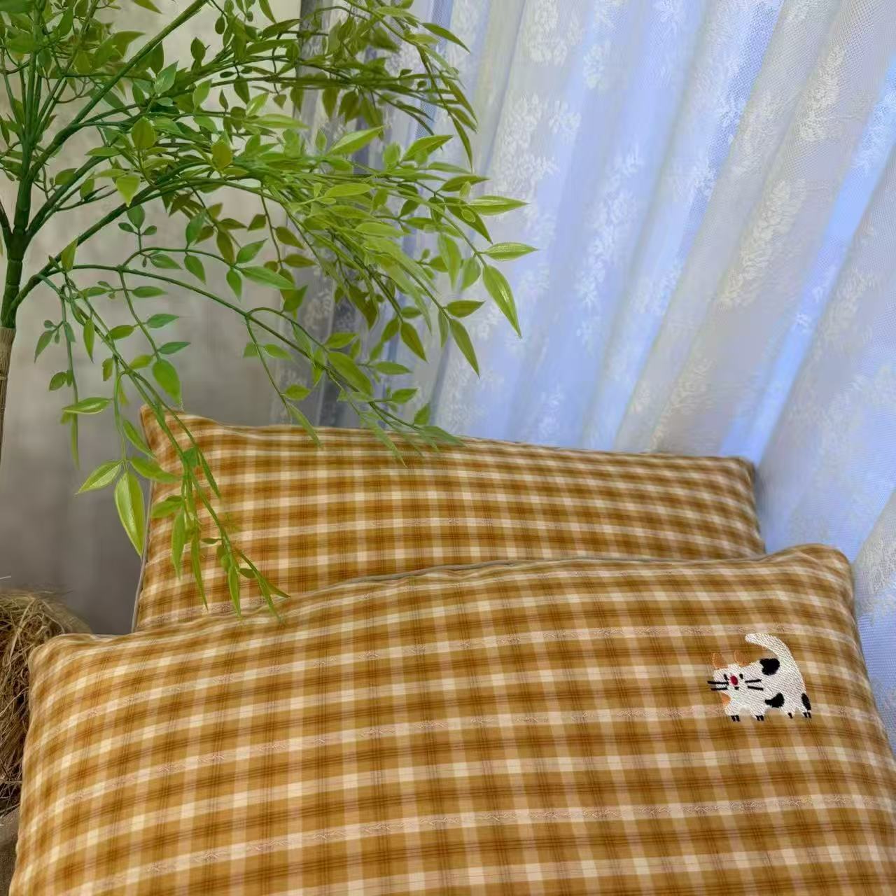 纯棉水洗棉提花刺绣小猫全荞麦枕头护颈椎助睡眠专用枕头成人常规
