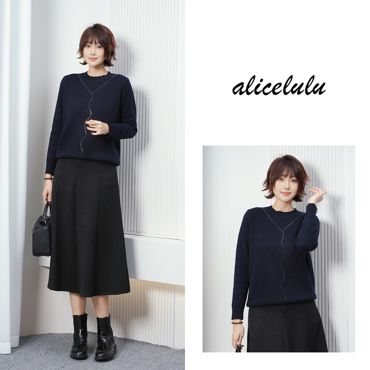alicelulu‘美人线’秋冬百搭色圆领保暖毛针织衫S2145750U