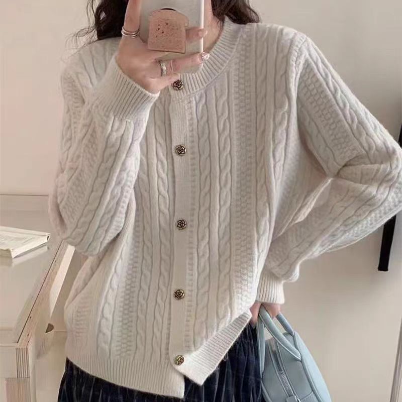 6087复古玫瑰花扣小麻花长袖针织年新款加厚毛衣时尚百搭