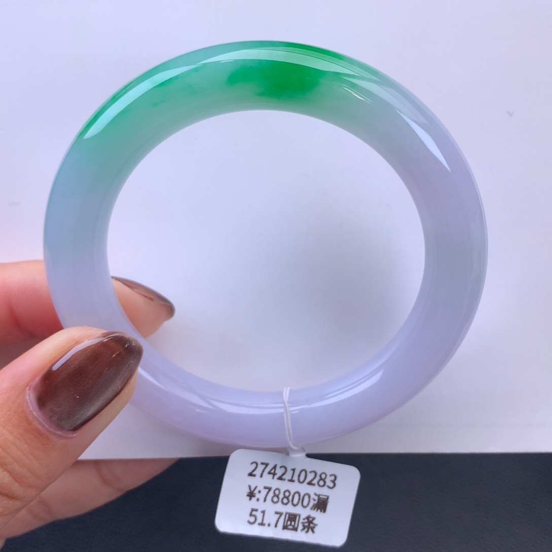 翡翠手镯未镶嵌细糯化胶紫底阳绿圆条手镯（细纹）