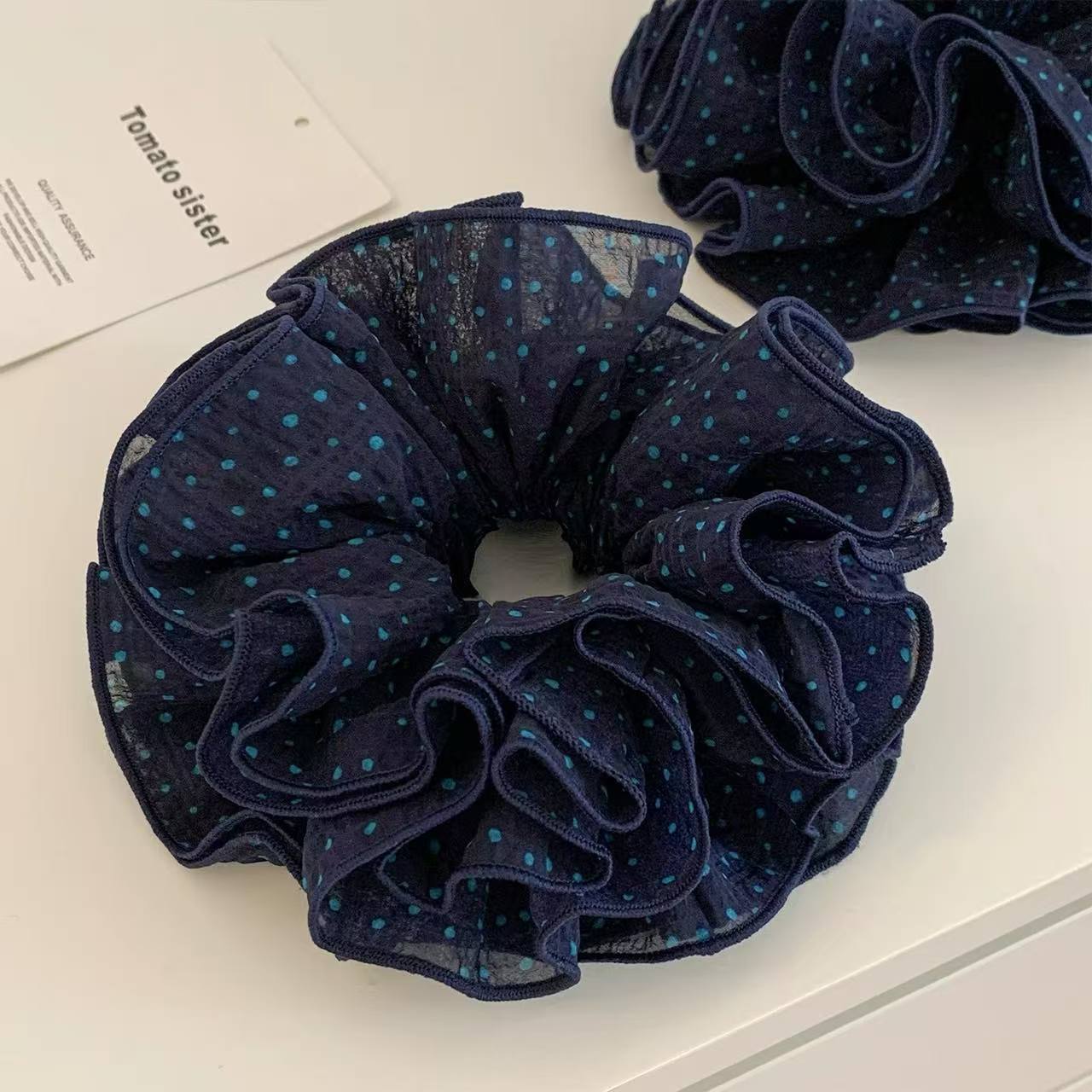 韩系复古藏青色波点四层大肠发圈女高级感慵懒风扎头发绳头绳头饰