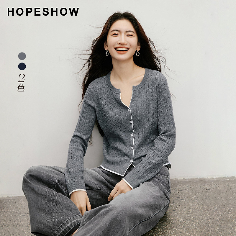 红袖2025秋女装 复古绞花撞色单排扣正肩圆领针织开衫90125310111
