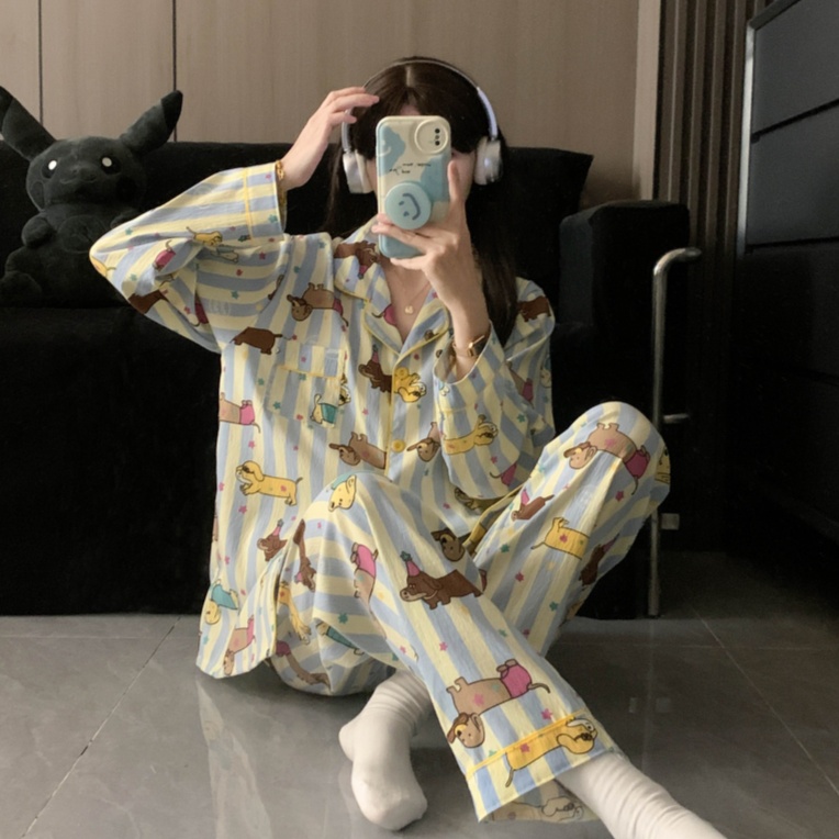 长袖长裤新款条纹小狗睡衣女两件套卡通家居服可外穿印花套装