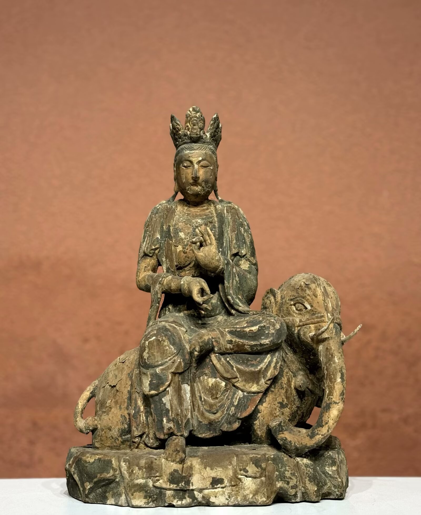 木雕彩绘普贤，高42厘米，复古手工