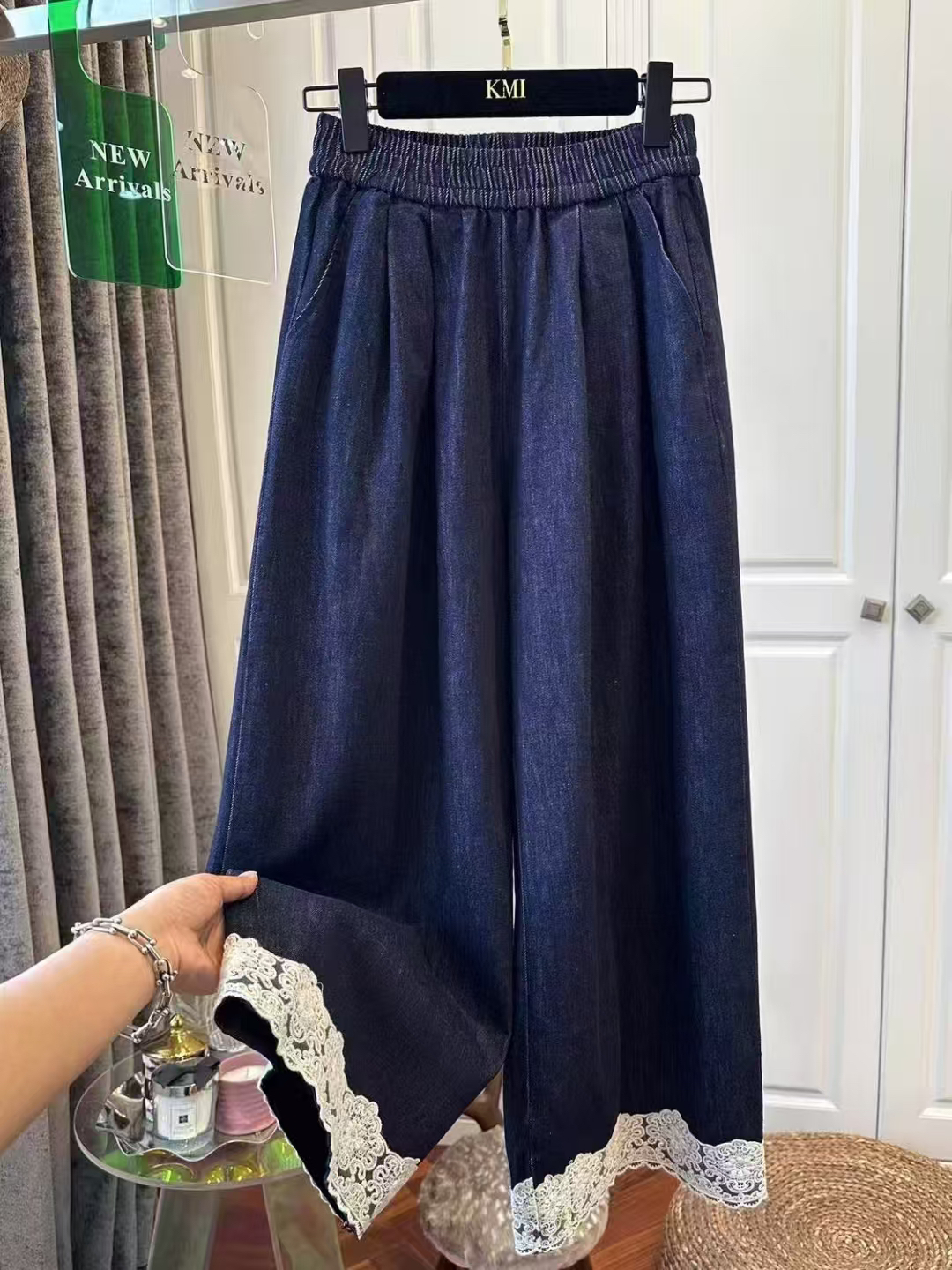 松紧腰蕾丝花边女款阔腿休闲九分裤春夏时尚款