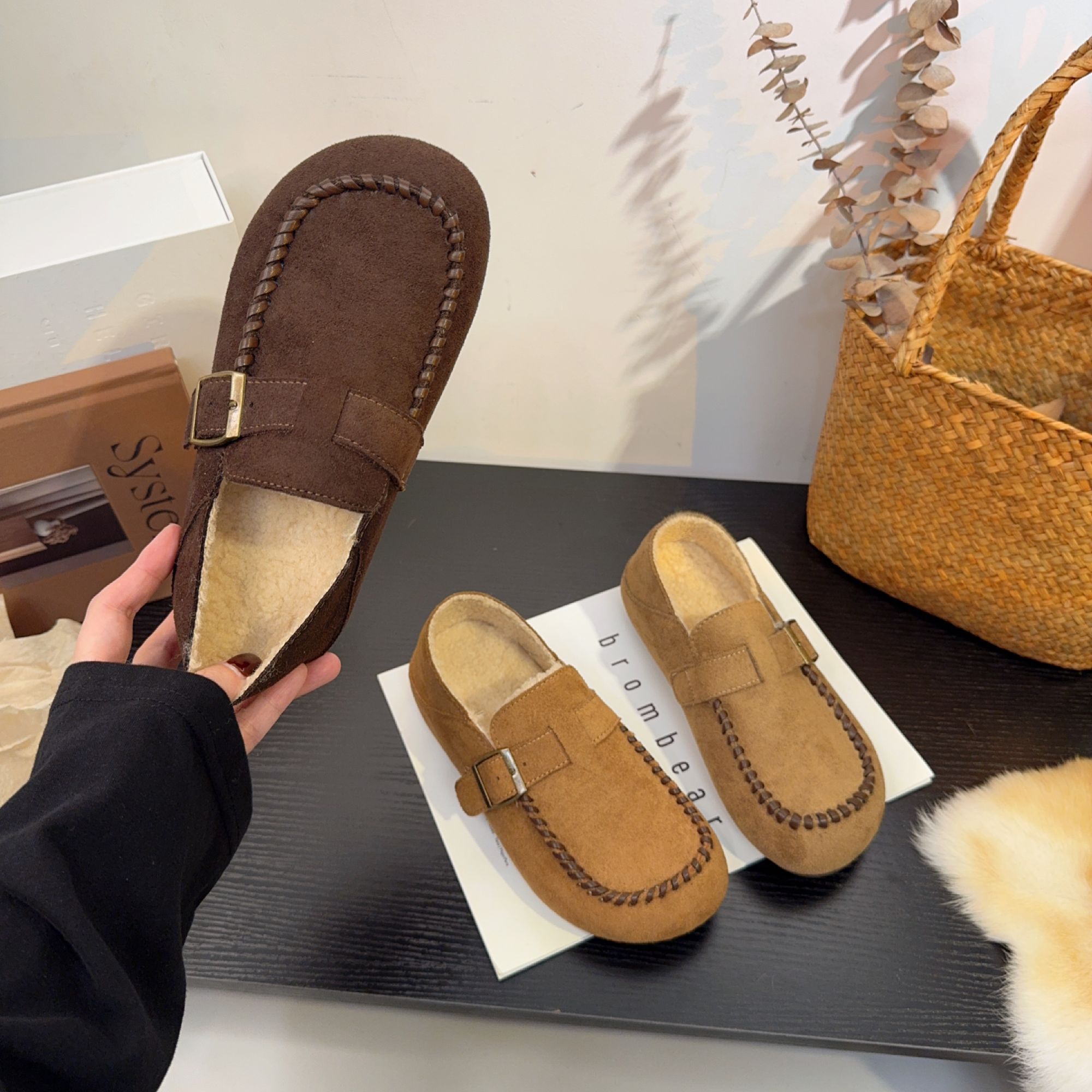 【】2025年秋冬新品时尚懒人鞋毛毛一脚蹬加绒单鞋棉鞋勃肯鞋女保暖