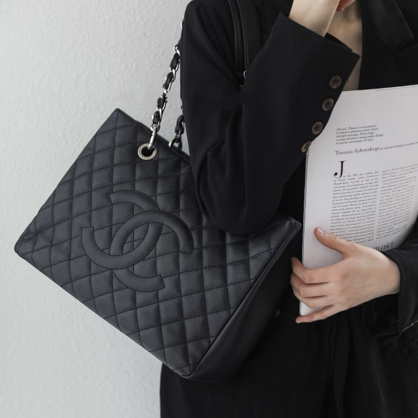 99新 Chanel/香奈儿 全皮黑银gst单肩包