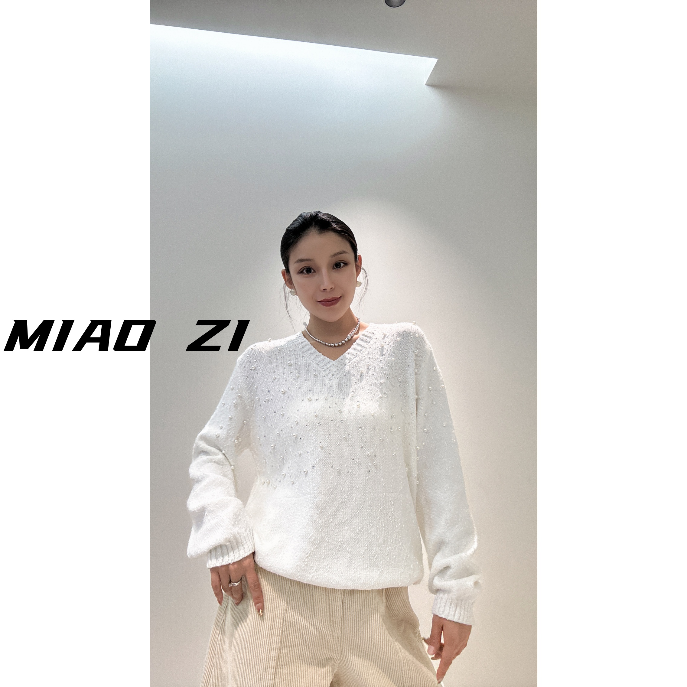 【MIAOZI】冬季新款重工铆钉钻加珍珠宽松型宽松毛针织衫