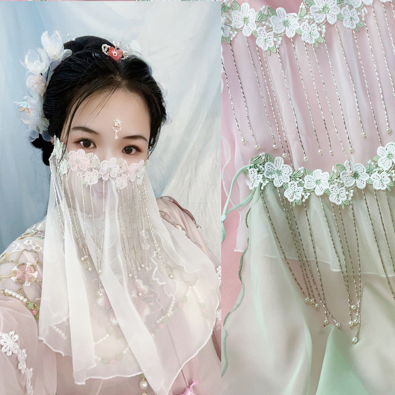 总角之好原创遮阳古风汉服防晒大波浪款长流苏珠链面纱多色