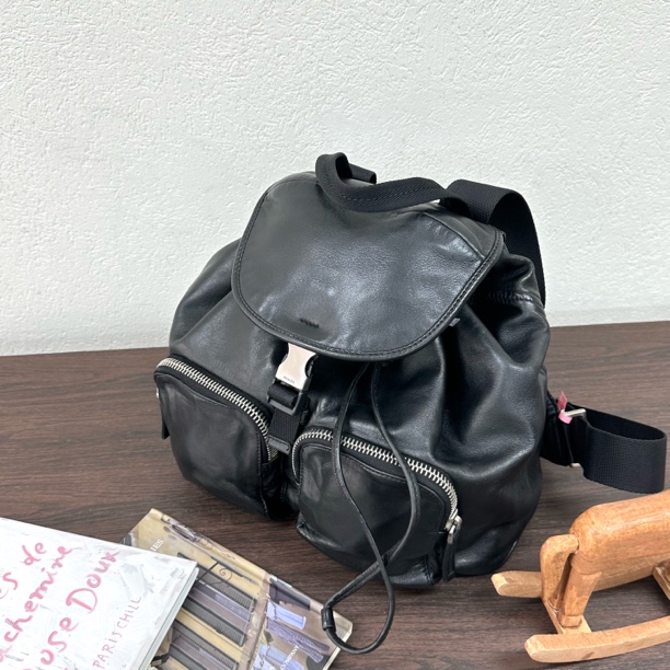 95新 Prada/普拉达 黑银全皮双兜背标双肩包 118891