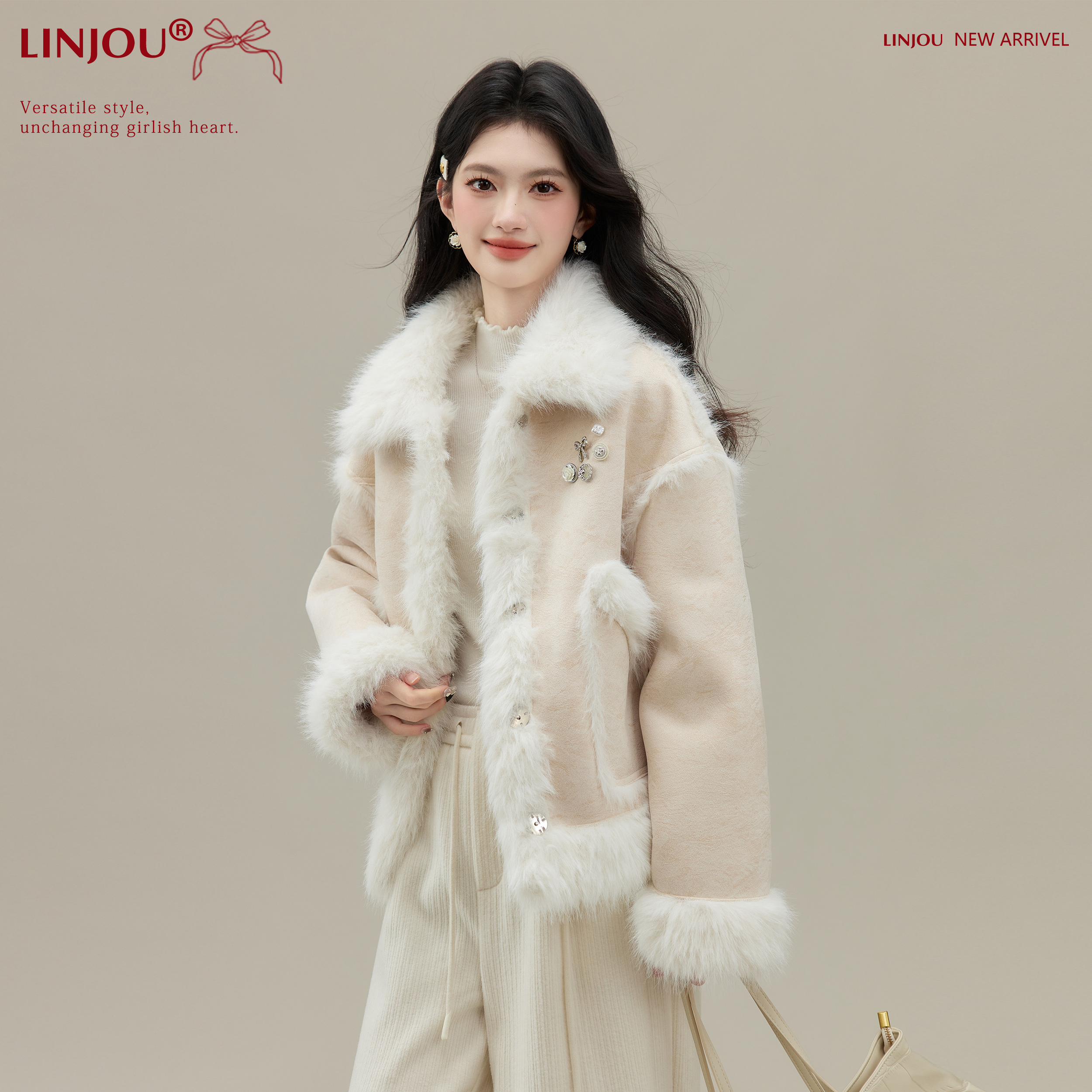 玲玖《绒梦雅织》小个子短款外套女冬季新款皮毛一体保暖加厚上衣