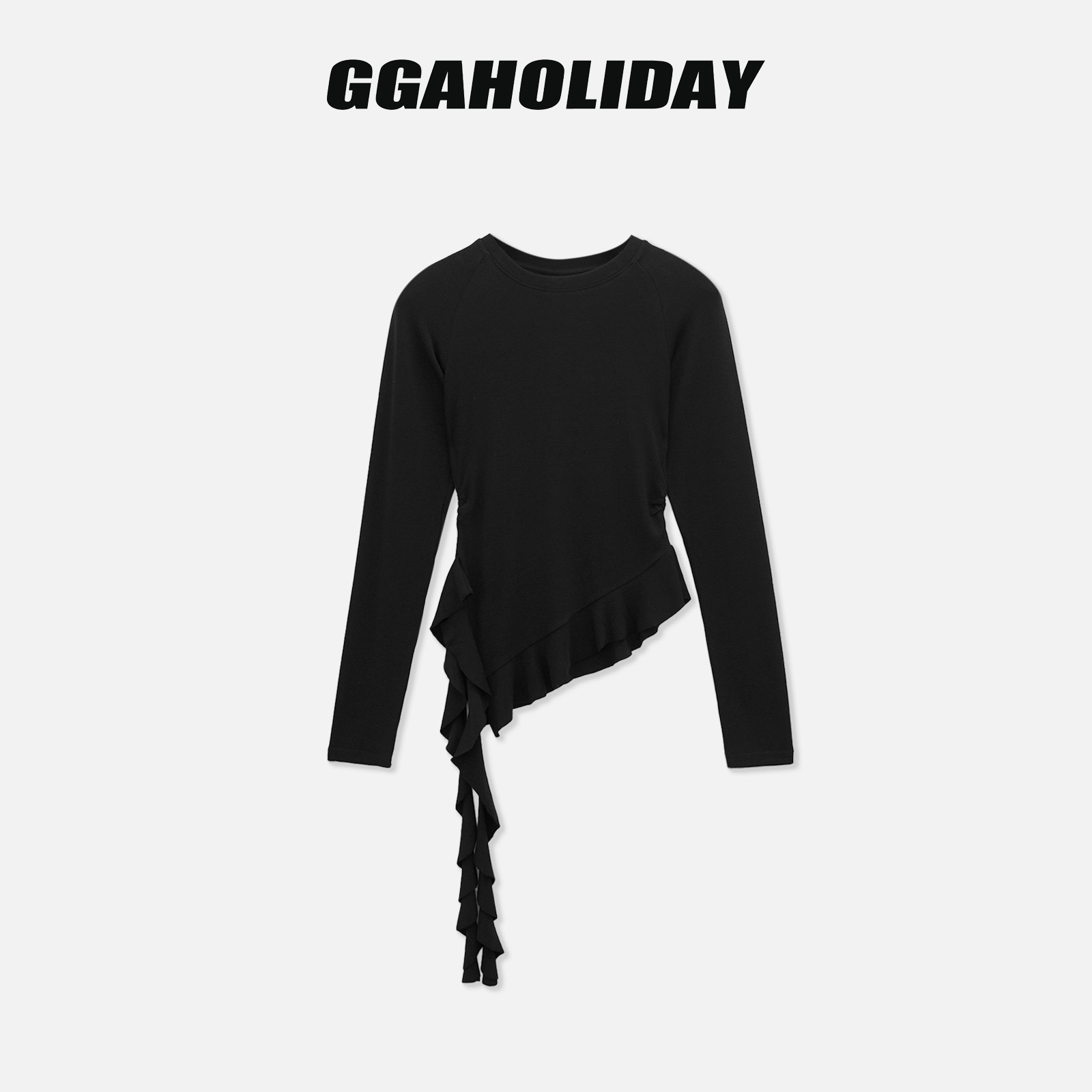 GGAHOLIDAY秋季时尚休闲百搭简约黑色不规则打底长袖T恤-154141