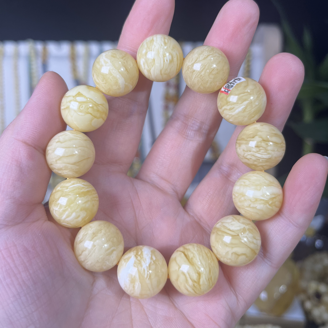 琥珀白花蜜蜡虎皮纹圆珠手串，15m+，27g，天然原矿保真