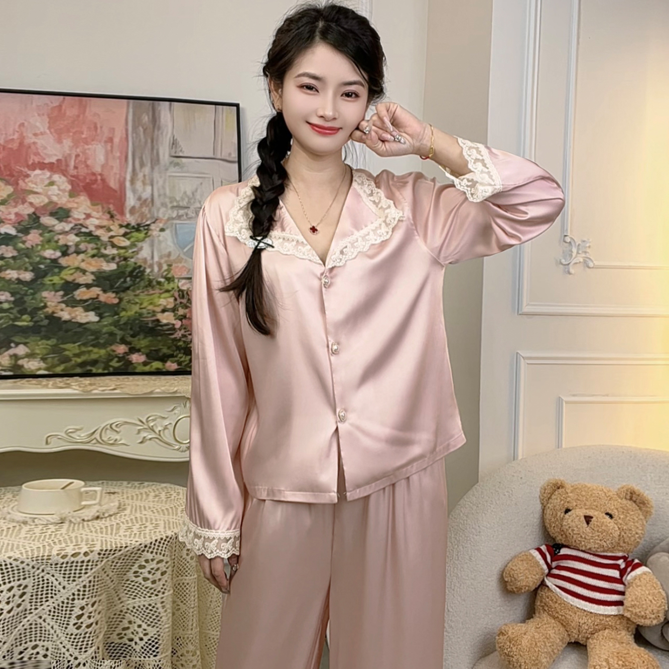 【蔷薇粉】柔光软丝薄款可外穿睡衣甜美可爱女士凉感冰丝夏季家居服