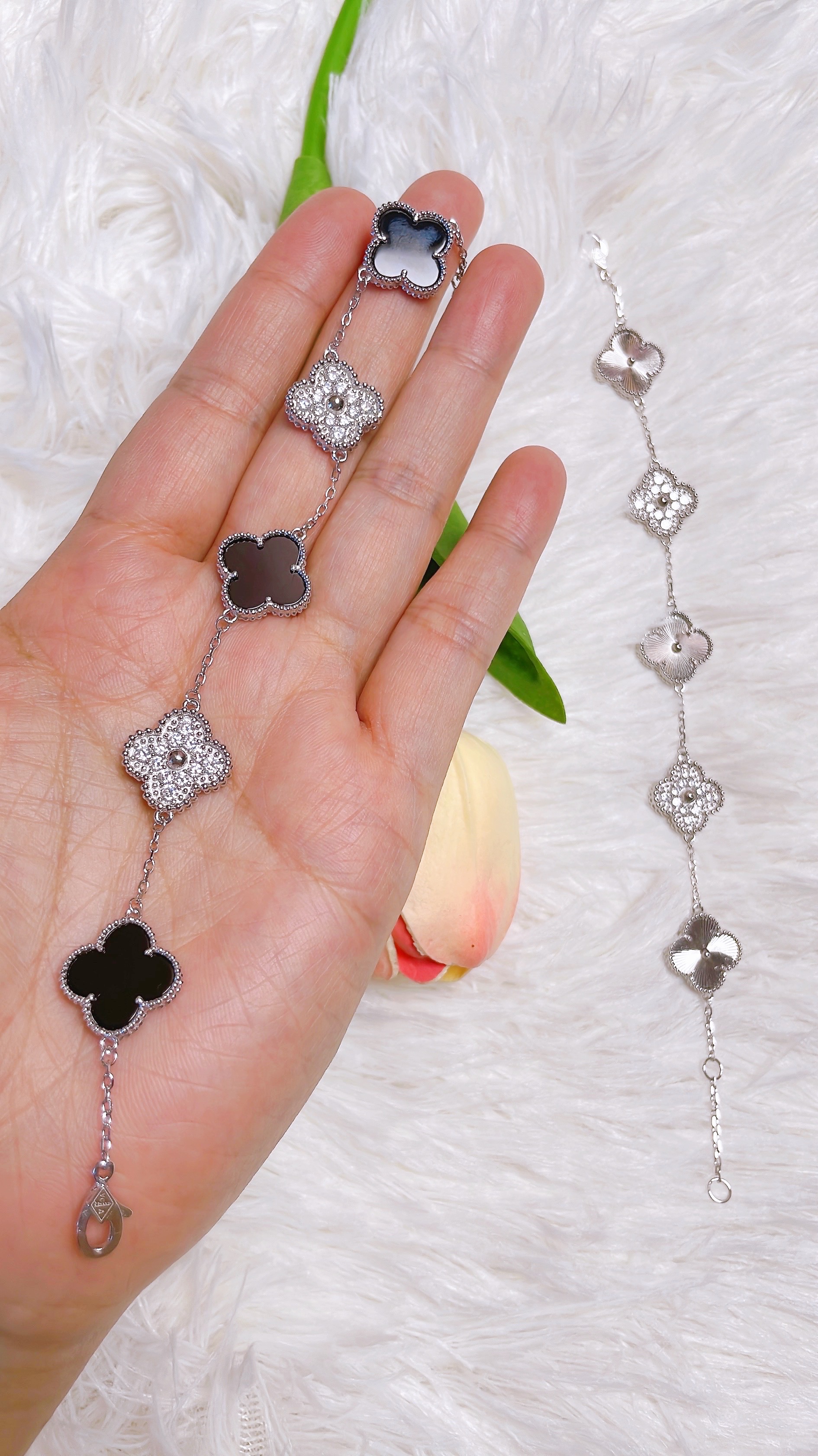 925银仿珍珠手链 银手链，五花手链，幸运草手链