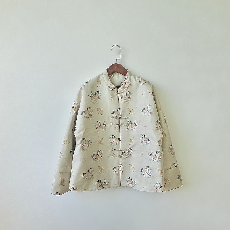 新中式国风满分桑蚕丝宋锦马上来财提花外套女2025新款冬气质外套