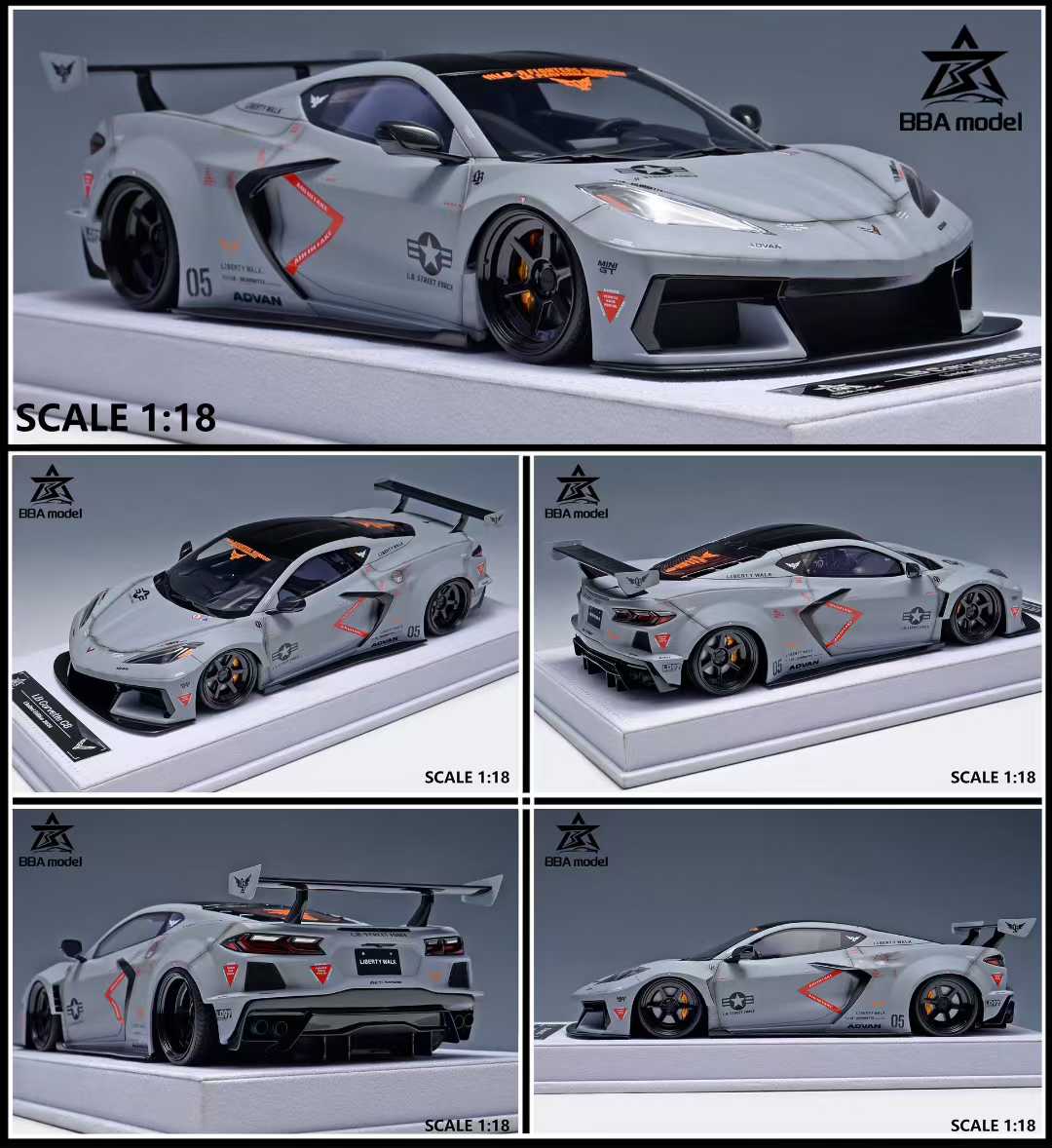 BBA 1:18克尔维特Corvette C8 LB宽体跑车树脂汽车模型摆件
